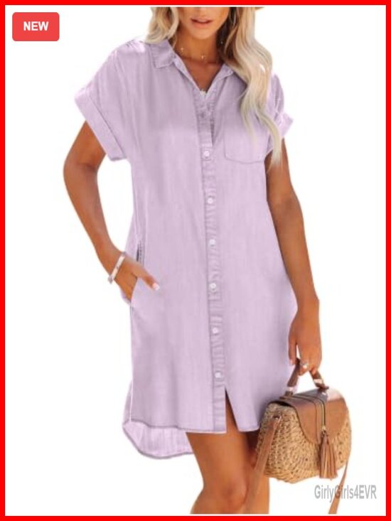 Dresses & Skirts - Women's Long Sleeve Silk Denim Button Up Shirt Dress Tunic with Pockets